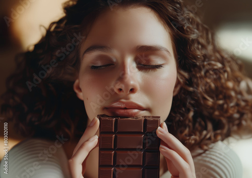 Chocolate taster photo of a girl intensely smelling a bar of chocolate with her eyes closed as a taster does to catch all its scents photo