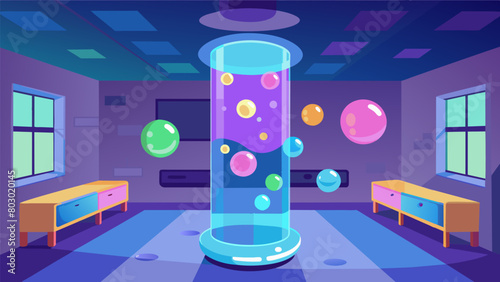 The room is equipped with a bubble tube that emits changing colors and gentle bubbles providing a mesmerizing visual stimulation for students.. Vector illustration