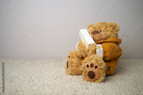 White box, white bottle, teddy bear. Packaging mockup, children's theme.