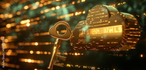 A golden key hovering in front of a cloud, with a digital fingerprint recognition panel on its bow, symbolizing biometric security for cloud access.  photo
