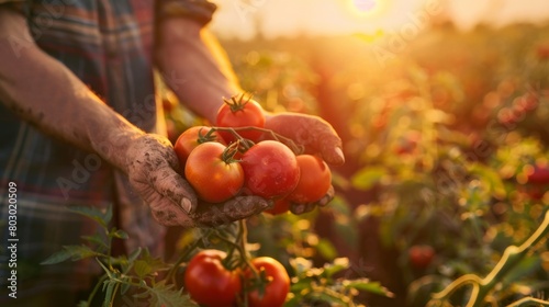 A farmer holding fresh tomatoes during sunset 