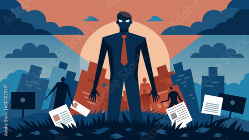 An unsettling figure made of news headlines and deceptive statistics standing tall in a field of manipulated truth instilling fear and mistrust in.