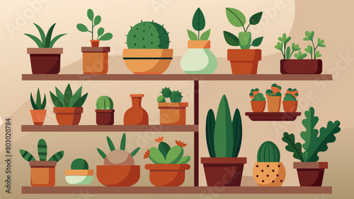 Displaying a collection of handcrafted clay pots on shelves each filled with lowmaintenance succulents bringing nature indoors in a sustainable.