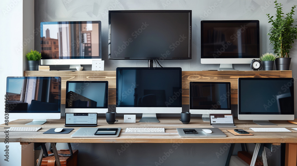 A series of digital devices arranged in a row, including desktop computers, laptops, tablets, and smartphones, all displaying the same online survey or digital form being filled out simultaneously