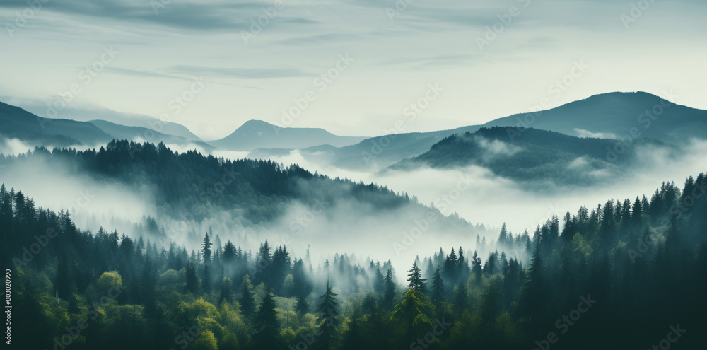 A panoramic view of mist-covered mountains and dense forest creates an ethereal atmosphere. The fog adds depth to the scene, highlighting details in the trees and distant peaks. This image is perfect 