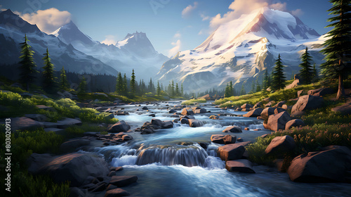 A lush valley filled with wildflowers, bisected by a meandering stream that leads the eye to a distant, snow-covered mountain peak glowing under the last rays of the setting sun.