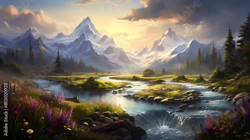 A lush valley filled with wildflowers, bisected by a meandering stream that leads the eye to a distant, snow-covered mountain peak glowing under the last rays of the setting sun.
