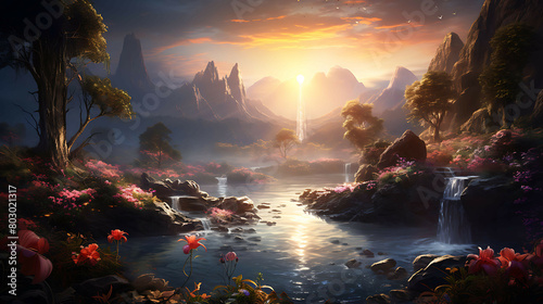 A misty morning at the base of a mountain, where a gentle waterfall feeds into a crystal-clear pond, surrounded by flowers and greenery, with the rising sun casting a soft glow through the fog.
