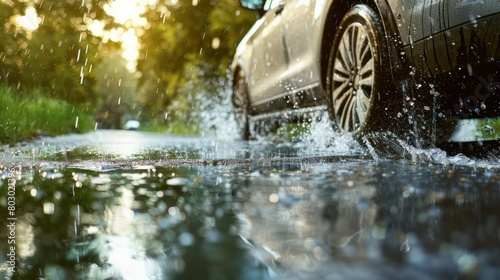 Car alloy wheels and tires, driving in wet conditions with water and puddle splashes