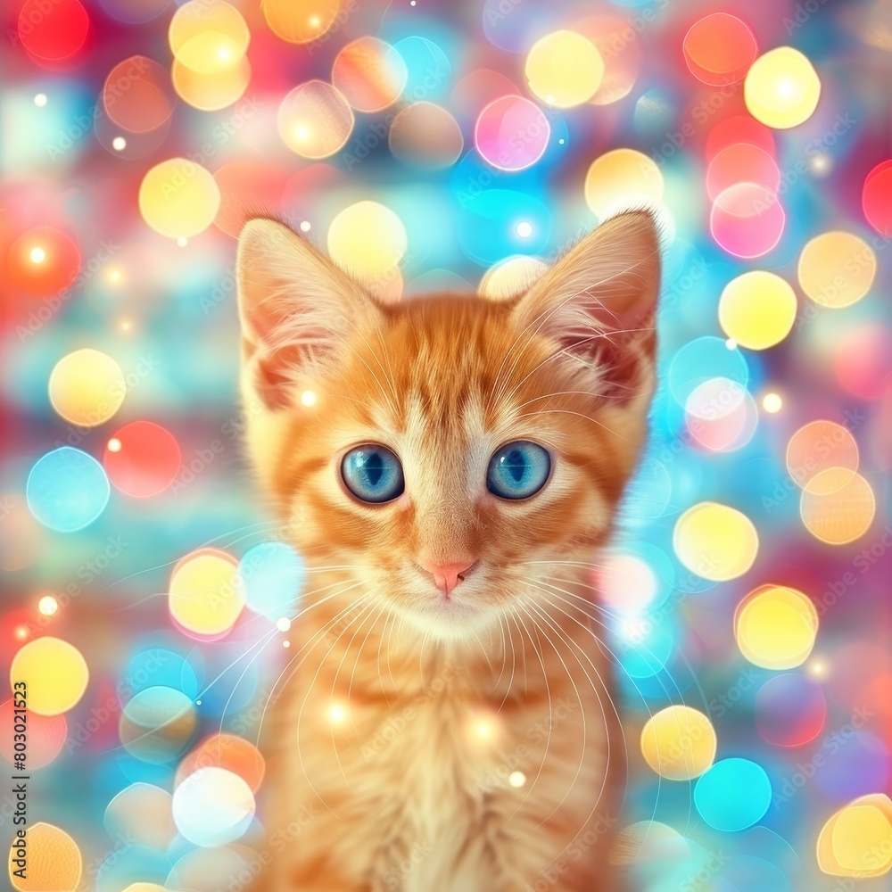 Enchanting red haired cat with captivating blue eyes on a gentle pastel colored background