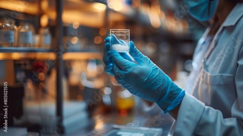 Hand of scientist with glove holds a transparent slide, emphasizing the precision required in a scientific laboratory. focus on scientific analysis in laboratory to explore clear hexagonal material photo