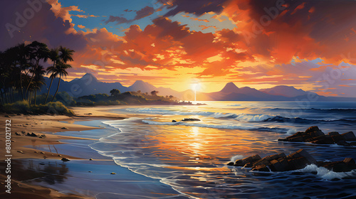 A panoramic scene of a secluded beach at sunset, where the sky transitions from blue to deep orange, and the calm ocean mirrors the colors and the silhouette of a distant mountain range. photo