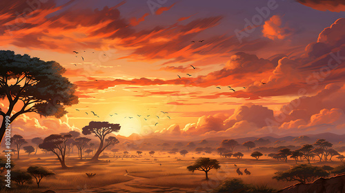 A panoramic view of a sprawling savanna at sunset, with acacia trees silhouetted against the orange sky, and distant herds of wildlife making their way across the landscape. photo