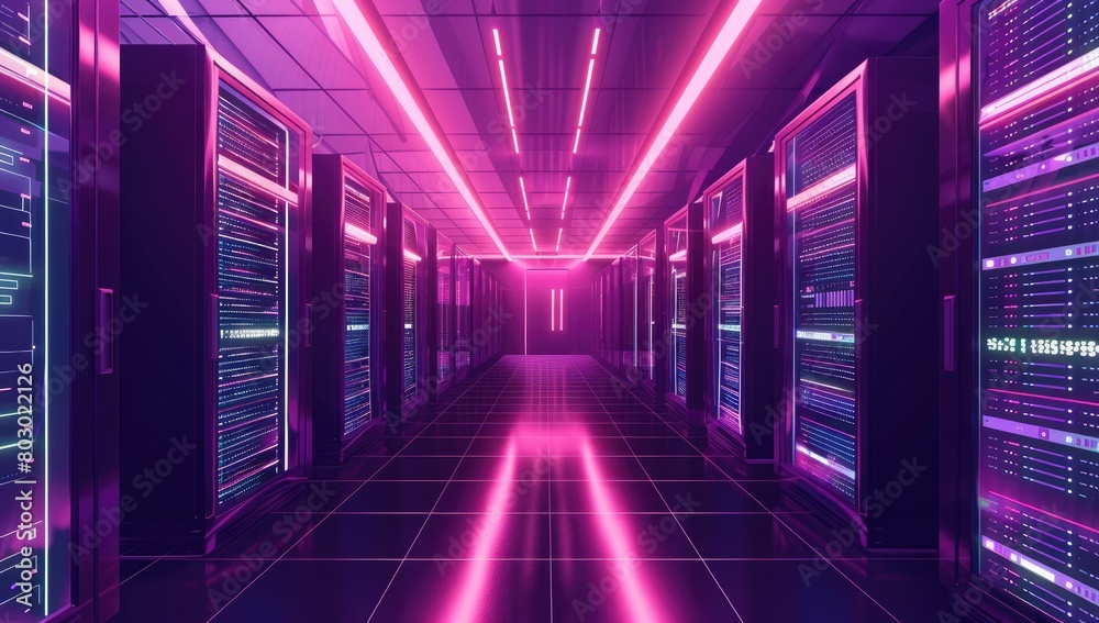 Data center hallway with rows of servers in building