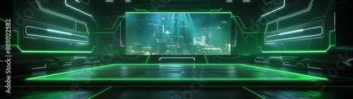 Control Room with Cityscape Display in a Futuristic Setting