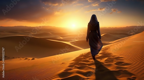 Desert Wanderlust: Arabian Woman's Sunset Walk Among Sahara Dunes