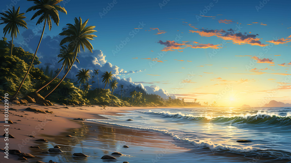A quiet, early morning on a sandy beach where a lone palm tree casts a long shadow, and the gentle waves create a rhythmic, soothing sound as they lap against the shore.