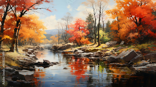 A peaceful river meandering through a colorful, autumnal landscape, with banks lined by trees showcasing a vibrant display of reds, oranges, and yellows, reflecting beautifully on the water's surface. photo
