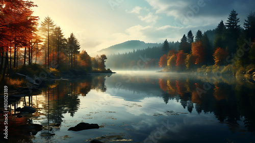 A quiet, misty morning on a lake surrounded by autumn-colored forests, where the mist partially obscures the trees and the reflection on the water, creating a serene and mysterious atmosphere.