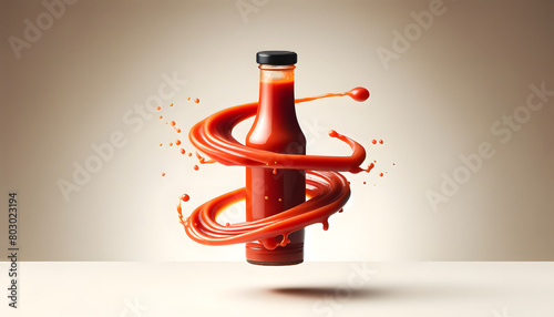 A bottle of ketchup is shown in a spiral motion photo