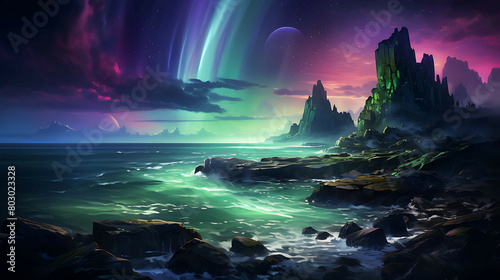 A rugged coastal scene under the aurora borealis, where the green and purple lights dance above a tumultuous sea, and the rocky shorelines are intermittently illuminated by the natural spectacle.