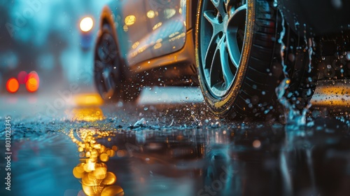 A car in the rain the focus is on the tires photo