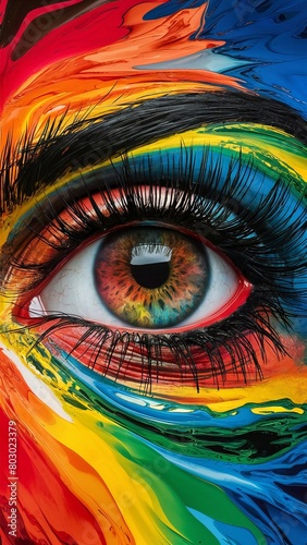 A close-up painting of a human eye incredibly detailed and vivid. The eye is surrounded by streaks of diverse colors depicting a rainbow. The highlight of this artistic piece lies significantly i...