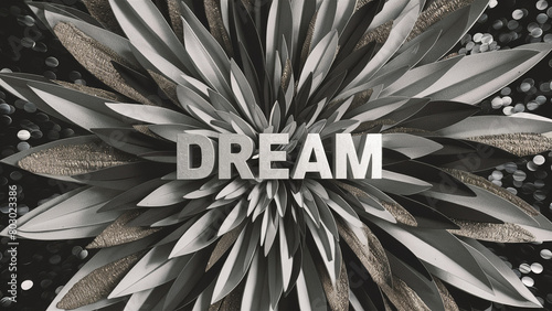 A 3D digital art featuring a sizeable starburst sculpture with multiple grayscale layers forming petals. The word "dream" is boldly depicted in the structure's center using cut-out letters. The s...