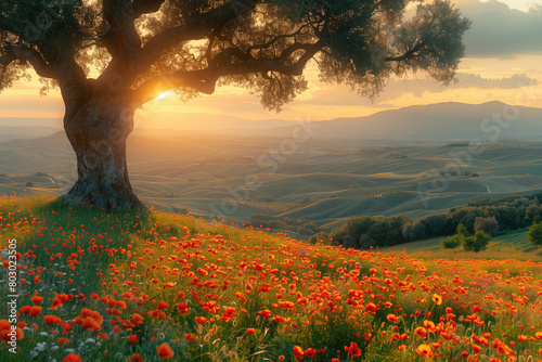 Single old olive tree in a poppy meadow with rolling hills photo