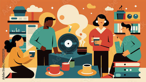 The smell of old records and coffee mingle as customers sip on their drinks surrounded by the overwhelming selection of music. Vector illustration