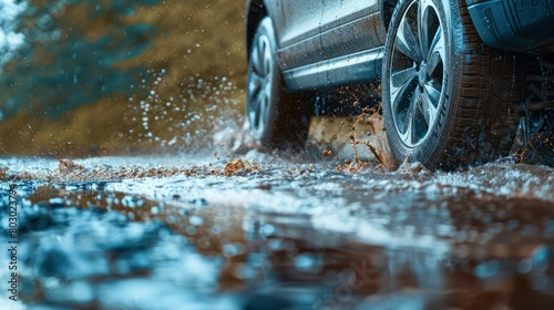 Side view of car wheels on wet tarmac during rain in the city photo