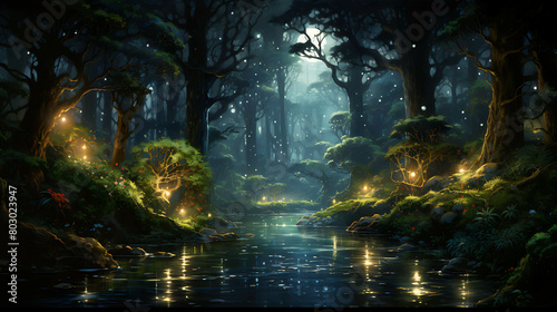 A secluded, moonlit glade where fireflies twinkle amidst the underbrush, their light dances in harmony with the soft glow of the moon, creating a spectacle of natural luminescence.