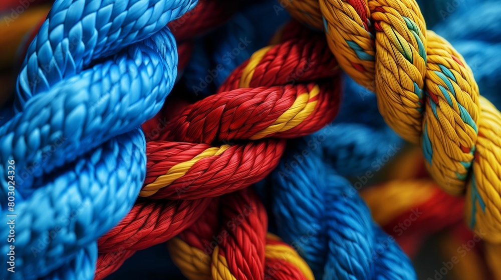 Vibrant multi-colored ropes intertwined in a close-up view.