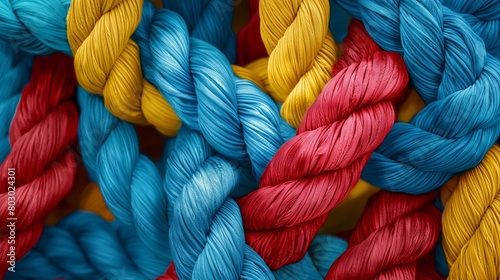 Vibrant multi-colored ropes intertwined in a close-up view.