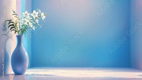 3d render of a vase with white flowers standing in the left corner on a blue background  in the right a place for text. 