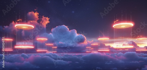 A series of virtual, transparent firewalls surrounding a glowing cloud, set against the night sky, depicting layers of security measures in cloud computing.  © The Capture,s