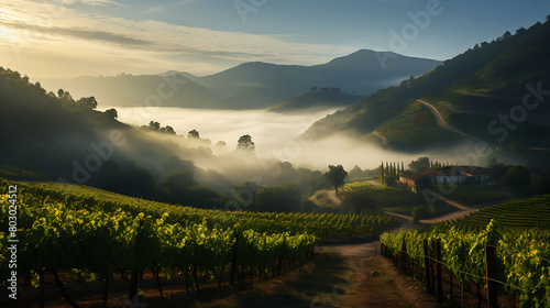 A serene, foggy morning in a hillside vineyard, where the rows of vines disappear into a soft, white blanket of fog, and the silence is as palpable as the moist air. photo