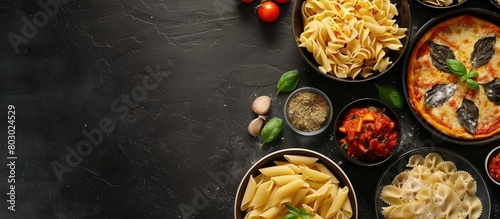 Italian cuisine on a dark backdrop featuring pasta and pizza from a top angle with empty space for text.
