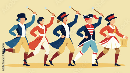 A group of dancers dressed as colonial patriots do a lively jig to the tune of a fife and drum adding a historical touch to the parade.. Vector illustration photo
