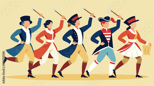 A group of dancers dressed as colonial patriots do a lively jig to the tune of a fife and drum adding a historical touch to the parade.. Vector illustration
