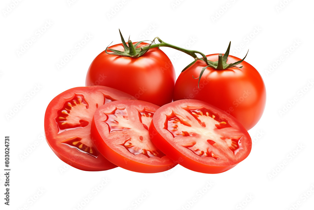 A ripe whole tomato with two succulent slices isolated on a transparent background, showcasing fresh produce. Generative AI A ripe whole tomato with two succulent slices isolated on a transparent background, showcasing fresh produce. Generative AI
