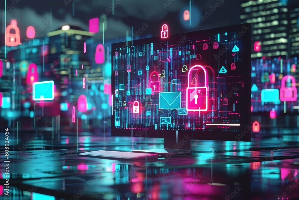Implement cyber security and protection protocols to manage data and secure online connections, using padlocks to safeguard user identification against hacking.