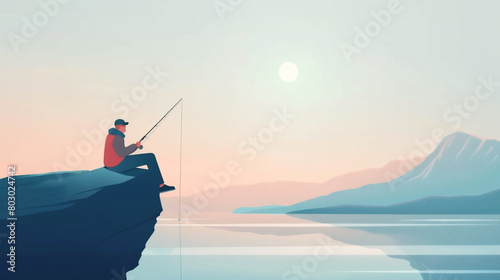 The man is fishing by the lake shore at sunset. Flat modern illustration. Perfect for banners, posters, websites, and more. Copy space for text.