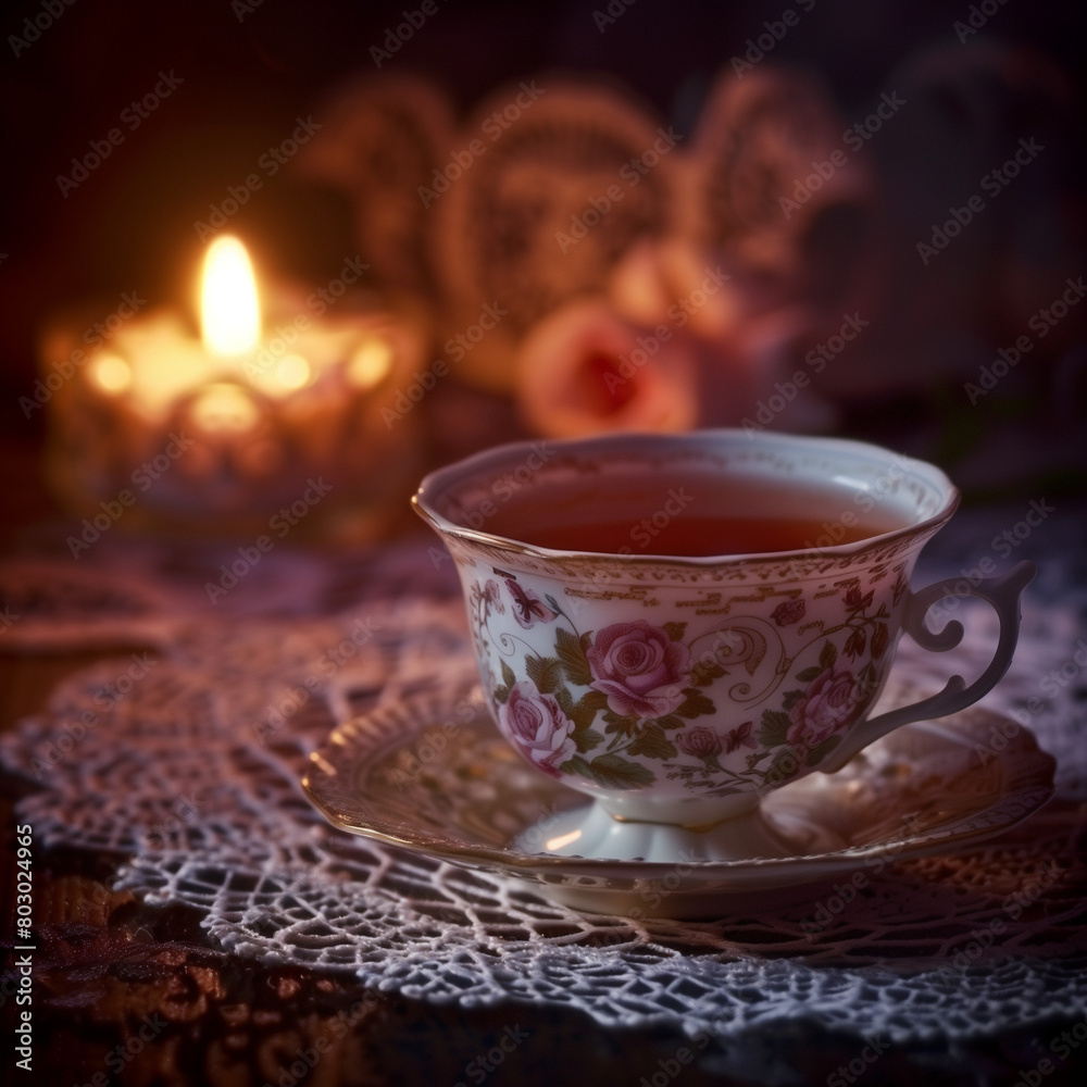 Fototapeta premium Hand-painted Floral Tea Cup and Saucer