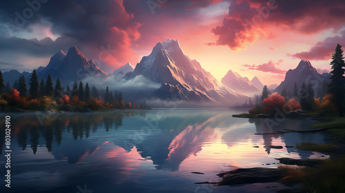 A serene lakeside at dawn, where the still water perfectly mirrors the surrounding mountains and the vibrant colors of the sunrise, with mist gently rising from the surface. photo