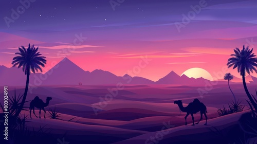 illustration of  Landscape a camel in the desert at sunset.