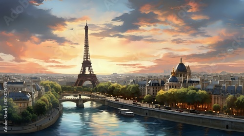 French Landmark Beauty: Panoramic View of Paris City Landscape