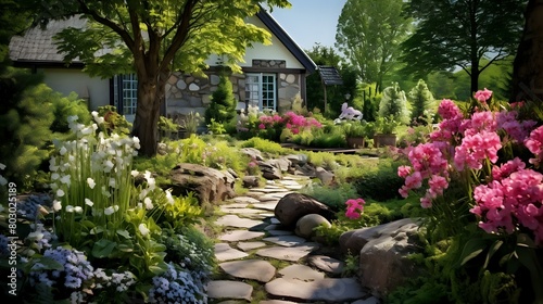 Nature's Charm: Stone Pathway through Blooming Perennials in Cottage Garden"