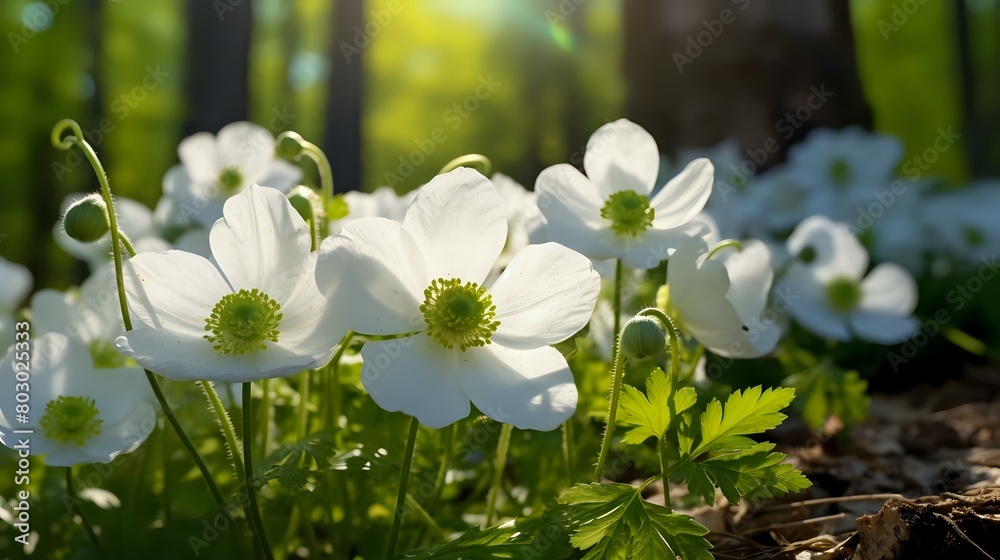 Sunlit Spring Blossom: Beautiful White Anemones in Forest Close-Up Sunlit Spring Blossom: Beautiful White Anemones in Forest Close-Up