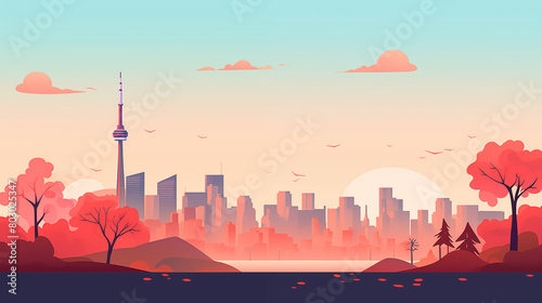 Toronto city skyline during a vibrant sunset. Beautiful Panorama view. Flat modern illustration style. photo
